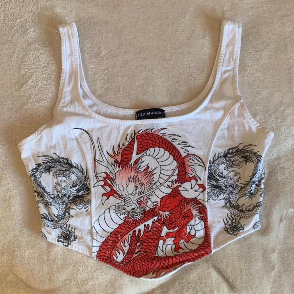 White Crop Top with Red and Black Dragon Design